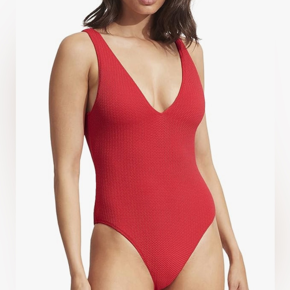 $145 Seafolly Women's Standard Deep V Neck Shoulder Swimsuit Sz 12 US/ 16 UK